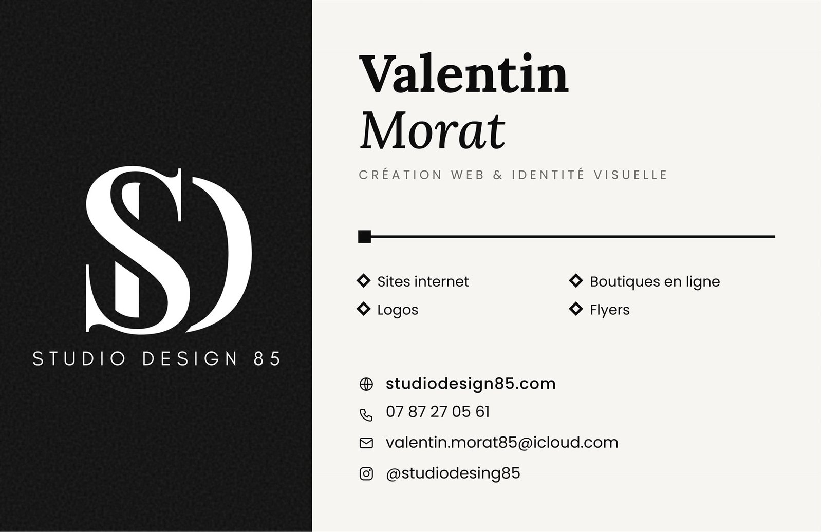 Verso de la carte de visite de Valentin Morat, Studio Design 85